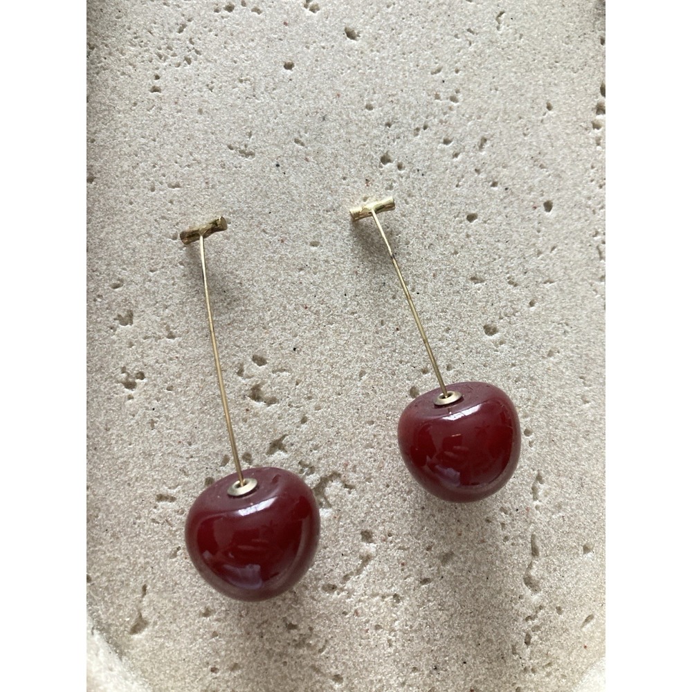 Cherry Red Bead Dangle Earrings Gold‎ Tone Novelty Fruit Drop Whimsical